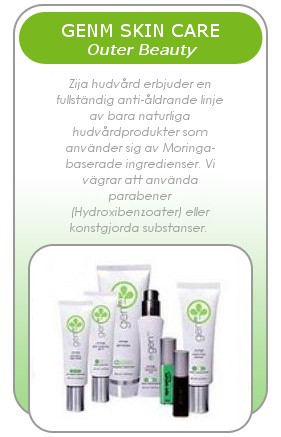 Zija hudvrd erbjuder en fullstndig anti-ldrande linje av bara naturliga hudvrdprodukter som anvnder sig av Moringa-baserade ingredienser. Vi vgrar att anvnda parabener (Hydroxibenzoater) eller konstgjorda substanser. GenM penetrerar sju underhudslagers djup.